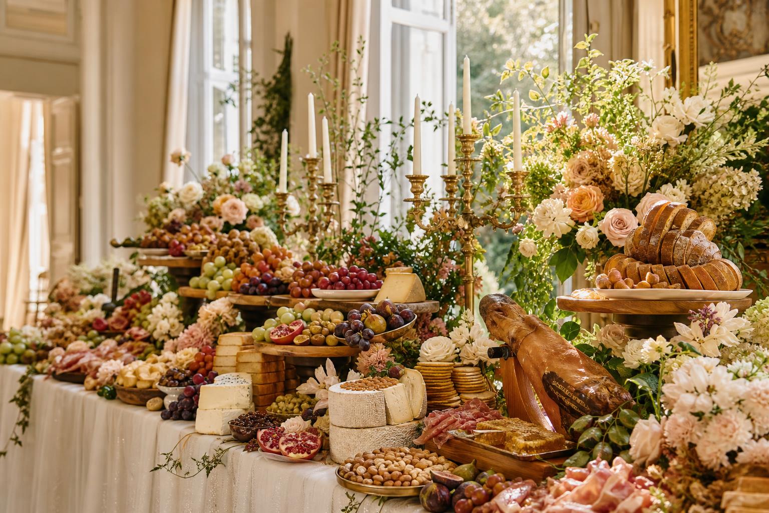 Eden & Co. luxury grazing table with imported cheeses, cured meats, florals and candlelight